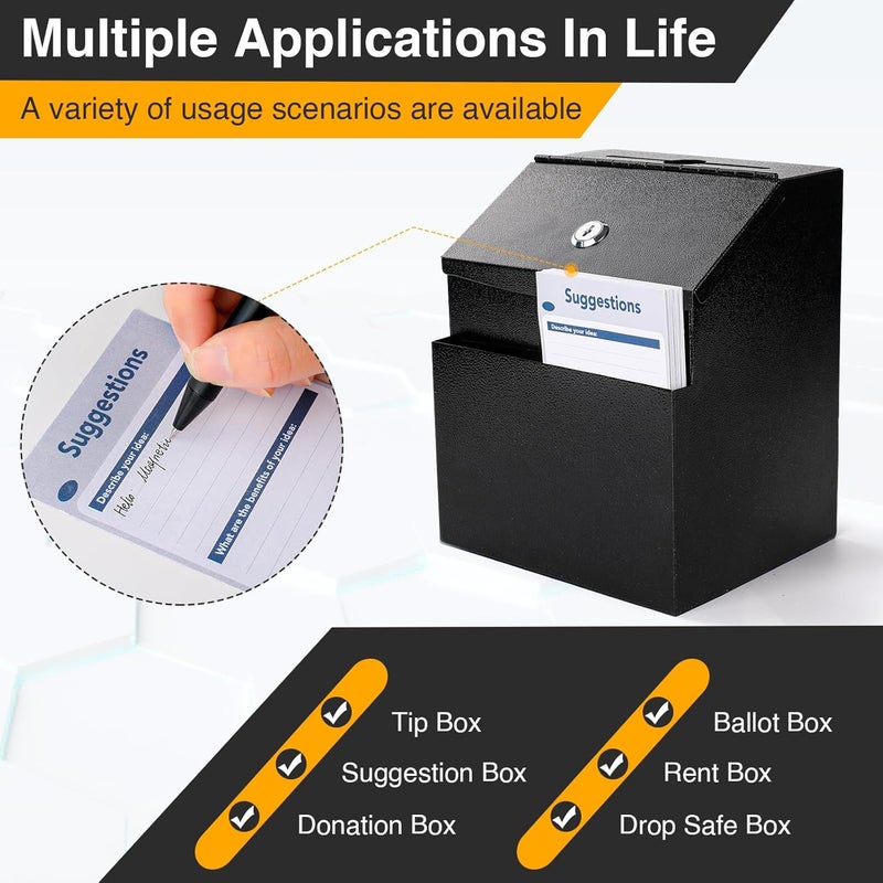 LINSIRON Suggestion Box with Slot and Lock Metal 8.4 x 5.8 x 7.0 inch Built-In Storage Compartment 50 Suggestion Cards Tip Jar Ballot Voting Prayer Comment Teacher Mailbox Booth Classroom Restaurant - Image 5